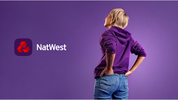 The Natwest case study thumbnail A young woman stands with her back to the camera on the right and the natwest log is on the left