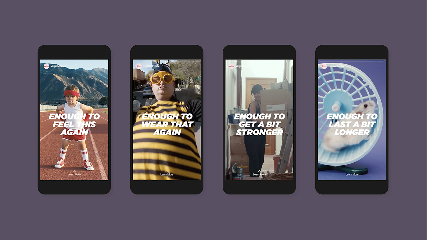 Four phones showing how the video was cut down to Social Media.