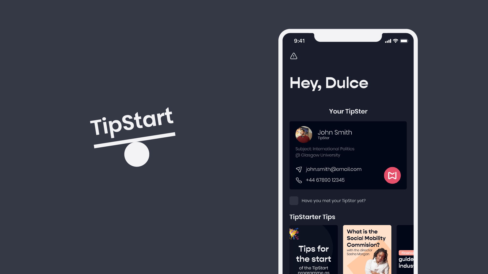 The TipStart product design case study thumbnail. The thumbnail shows the TipStart logo and the mobile application mocked-up.