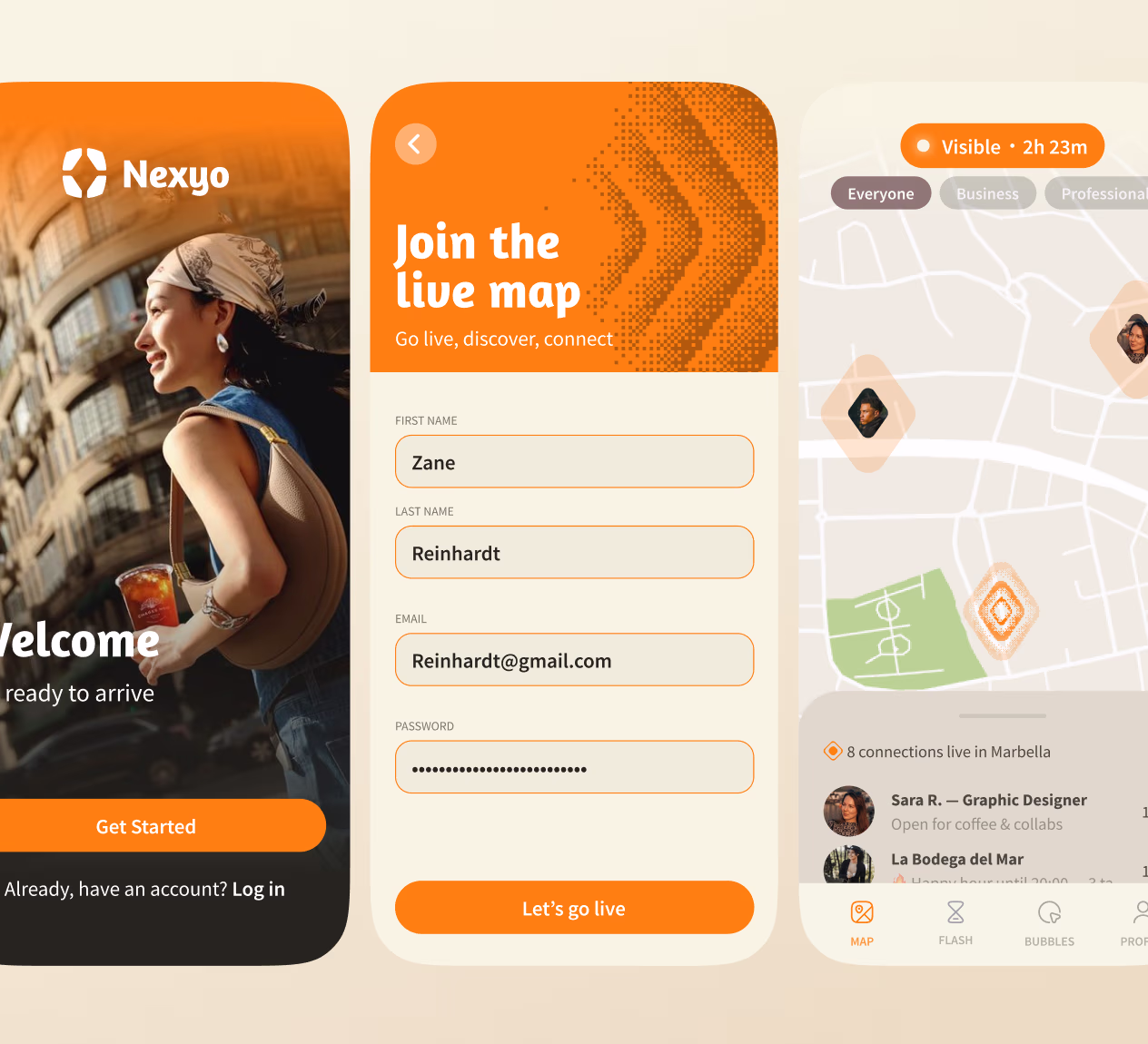 Nexyo app screens — home and discovery views