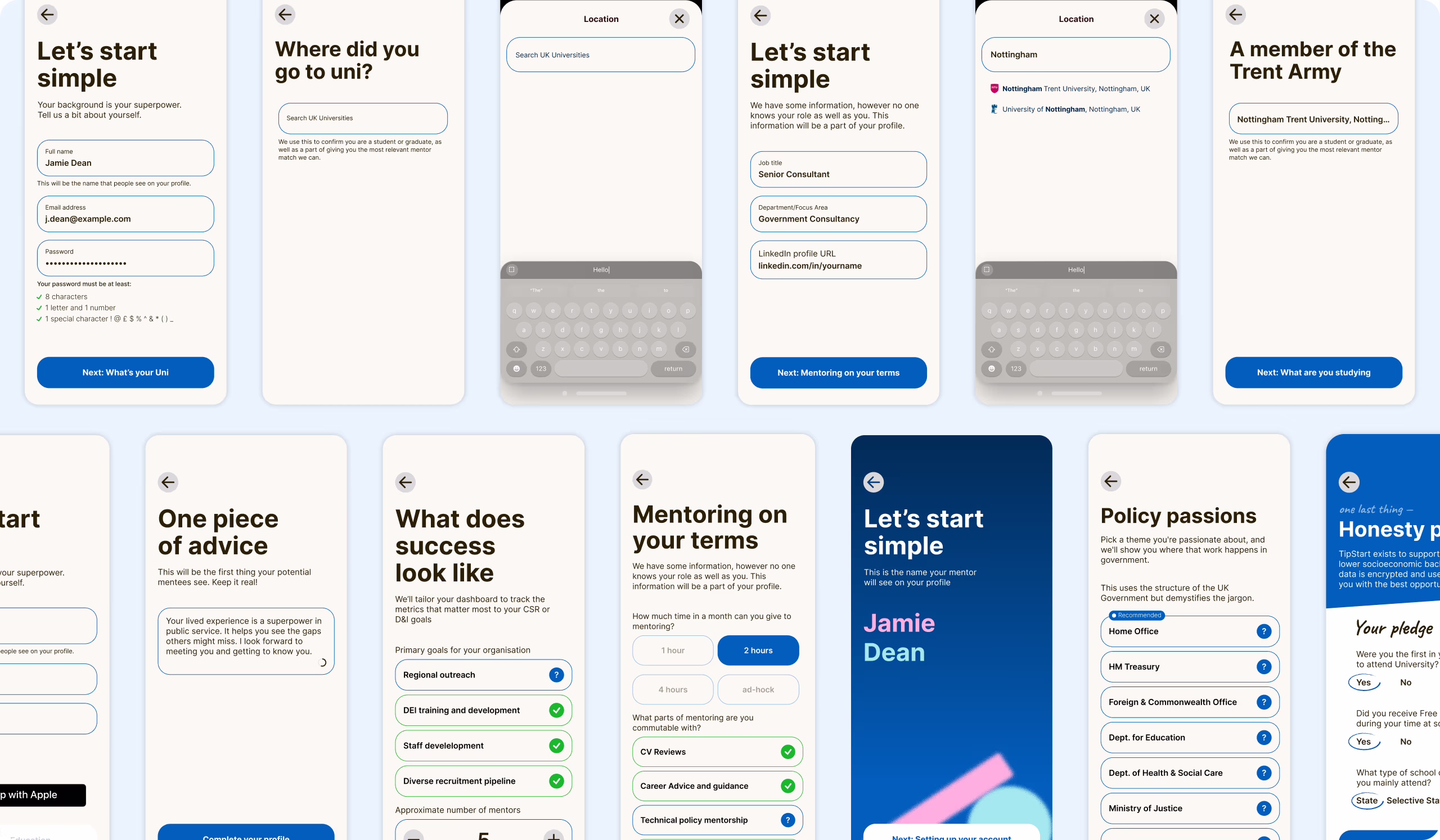TipStart high-fidelity onboarding screens — interests, career path, and declaration